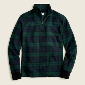 🆕️ J CREW Double-knit half-zip pullover in print in Black Watch Green Black